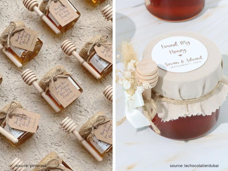 Elegant mini honey jar wedding favors with ribbons and personalized tags on a rustic table setting
