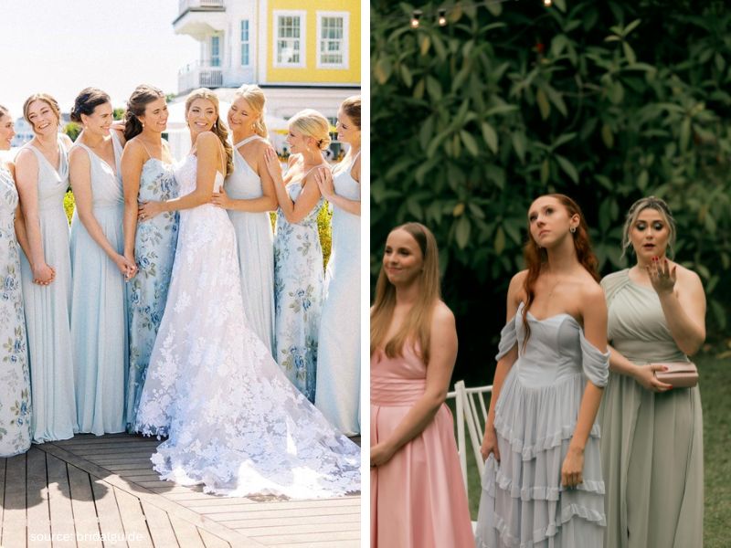 Bridesmaids wearing different dress styles in the same color palette for a cohesive look.
