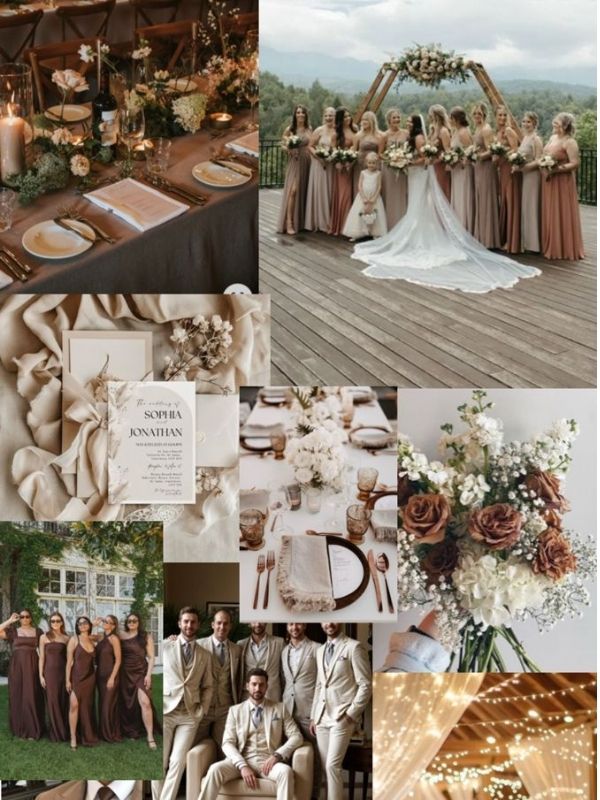 Mocha and cream wedding mood board showcasing neutral wedding styling, soft florals, elegant tablescapes, and cozy modern wedding inspiration.
