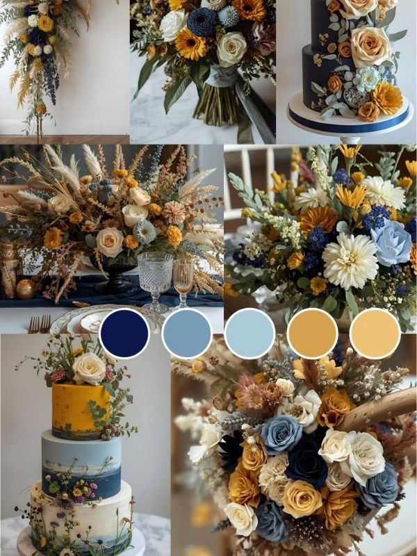 Mustard yellow and navy wedding color palette mood board with modern wedding decor, elegant florals, bridesmaid dresses, and stylish reception inspiration.