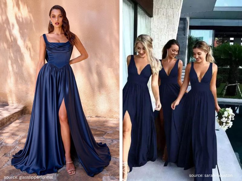 Bridesmaids in navy blue satin dresses at a classic formal wedding.