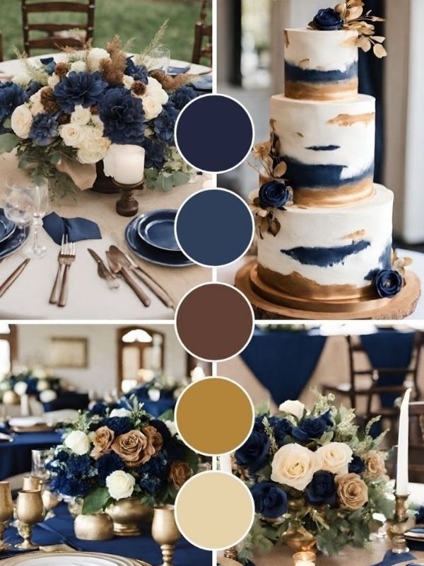 Navy blue and gold wedding combo showcasing classic wedding decor, luxury tablescapes, formal attire, and elegant reception inspiration.