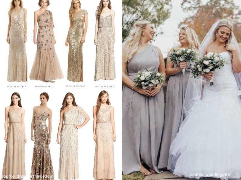 Bridal party styled in mixed neutral bridesmaid dresses featuring champagne, beige, and taupe tones.