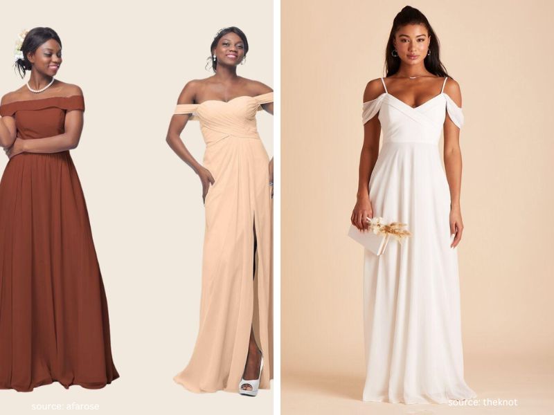Bridesmaids wearing romantic off-shoulder dresses at a formal wedding ceremony.