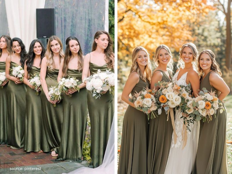 Bridesmaids wearing elegant olive green dresses at an outdoor wedding celebration.