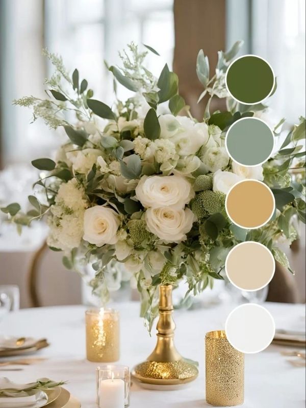 Olive green and gold wedding mood board featuring luxurious greenery, gold accents, floral arrangements, and sophisticated wedding decor.