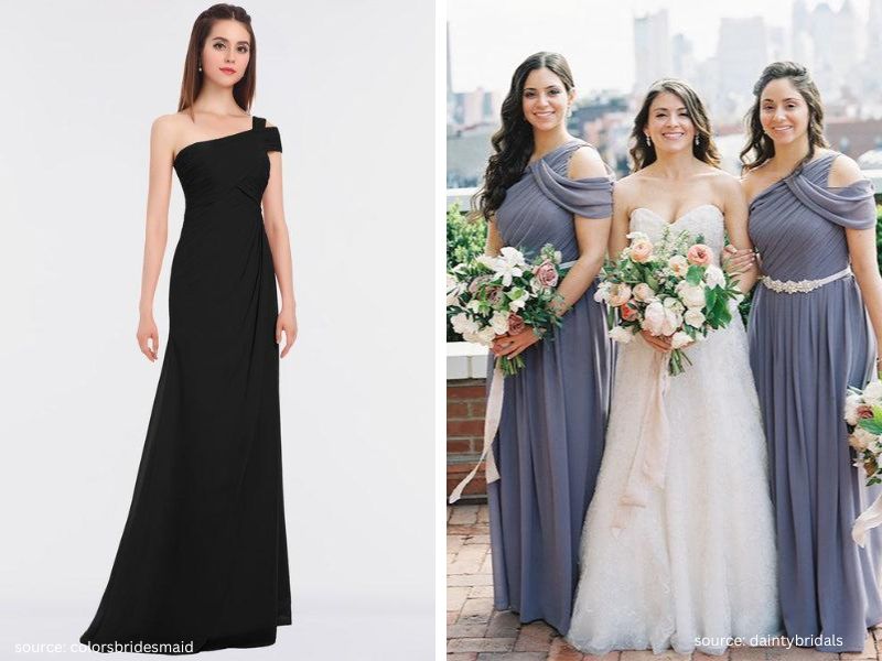 Bridal party styled in chic one-shoulder bridesmaid dresses for a modern wedding.