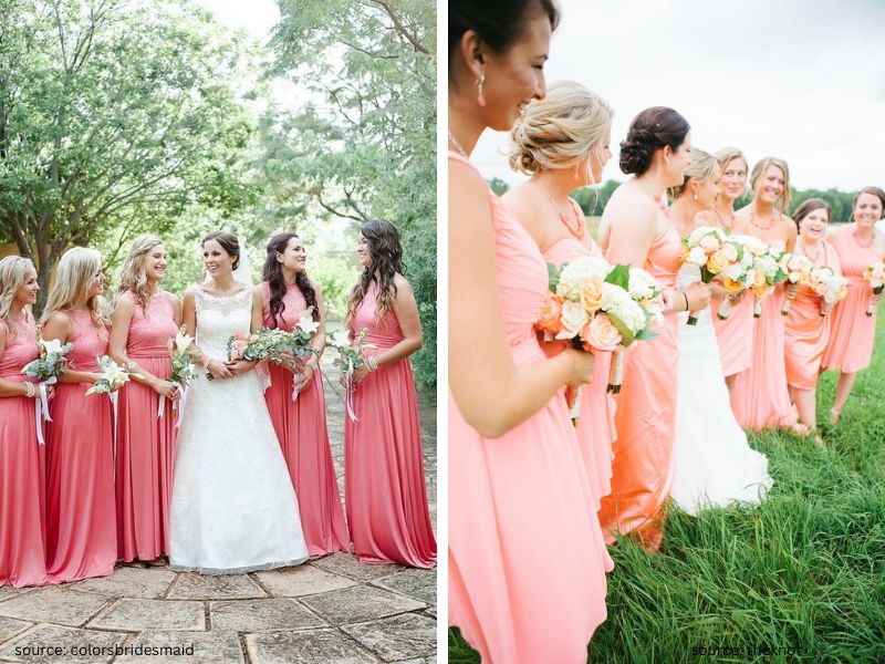 Bridal party in peach and coral bridesmaid dresses at a bright outdoor wedding.