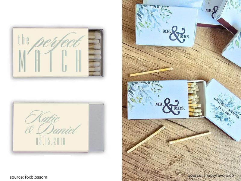 Custom matchbox wedding favors with minimalist labels and elegant typography design