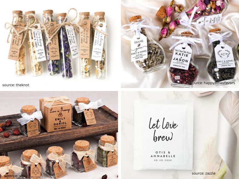 Elegant tea bag wedding favors in glass tubes with custom labels and ribbon detailing