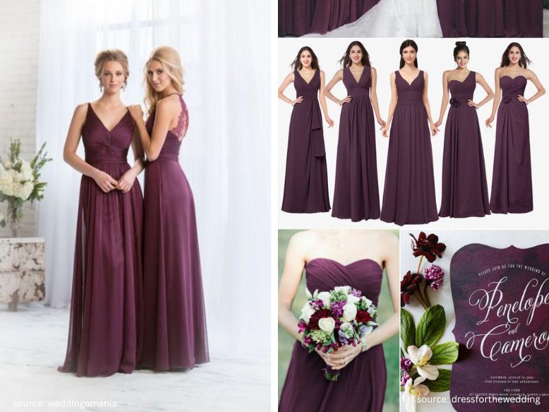 Bridal party styled in plum and wine-colored bridesmaid dresses for an elegant evening wedding.