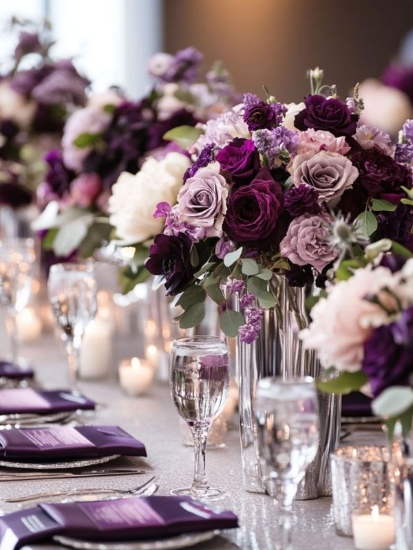 Plum and silver wedding color combo with rich purple florals, silver accents, elegant wedding decor, and romantic evening reception inspiration.