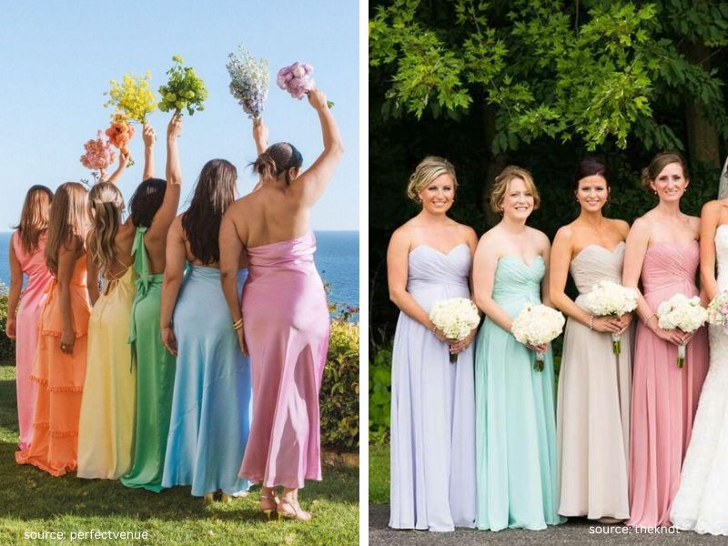 Bridal party dressed in soft pastel rainbow bridesmaid dresses at a whimsical wedding.