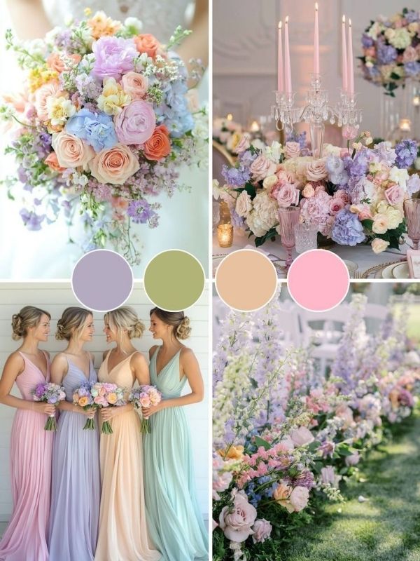Rainbow pastel wedding color combo ideas with colorful flowers, pastel bridesmaid dresses, whimsical wedding decor, and cheerful reception inspiration.