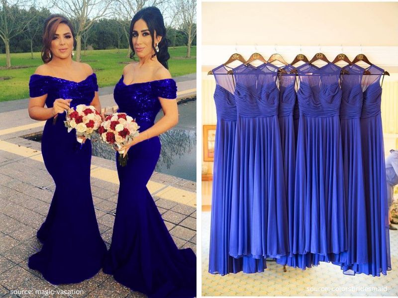 Bridesmaids wearing bold royal blue dresses for a vibrant wedding celebration.