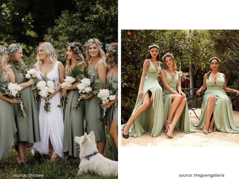 Bridesmaids wearing sage green chiffon dresses at a modern outdoor wedding.