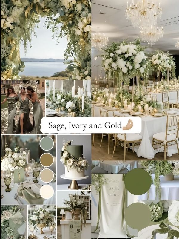 Sage green and ivory wedding mood board featuring greenery, neutral florals, elegant tablescapes, bridesmaid dresses, and timeless wedding decor.