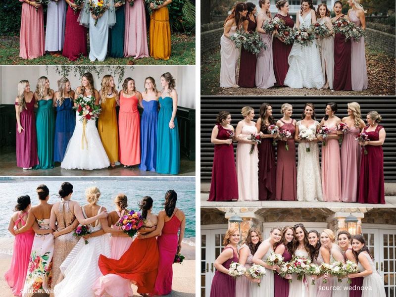 Bridesmaids wearing different shades of the same color for a coordinated wedding look.