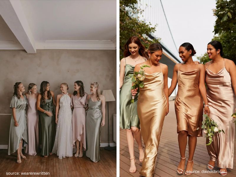 Bridal party in modern satin slip dresses with a minimalist wedding aesthetic.