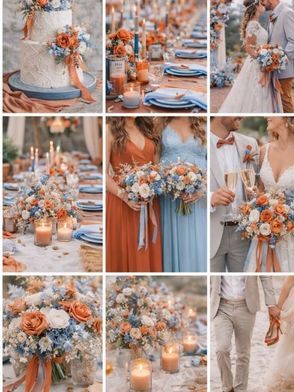Sky blue and sunset orange wedding color combo featuring colorful floral arrangements, outdoor wedding decor, and sunset-inspired wedding styling.