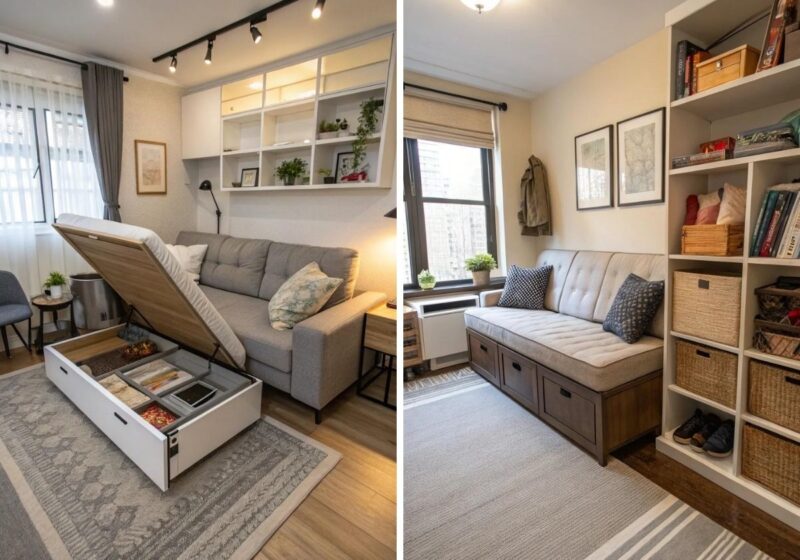 Cozy living room showcasing small apartment storage hacks with hidden storage furniture and organized decor.