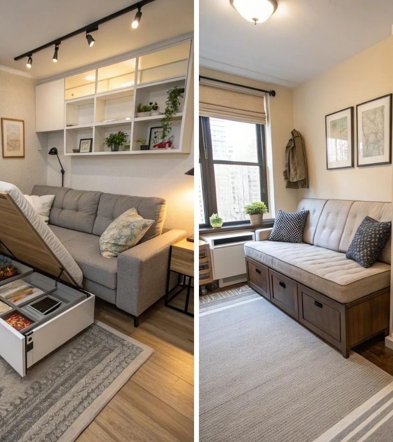 Cozy living room showcasing small apartment storage hacks with hidden storage furniture and organized decor.