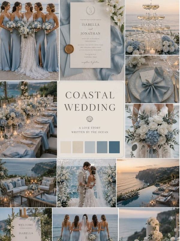 Soft blue and silver wedding mood board featuring elegant florals, silver accents, winter wedding decor, and romantic reception inspiration.
