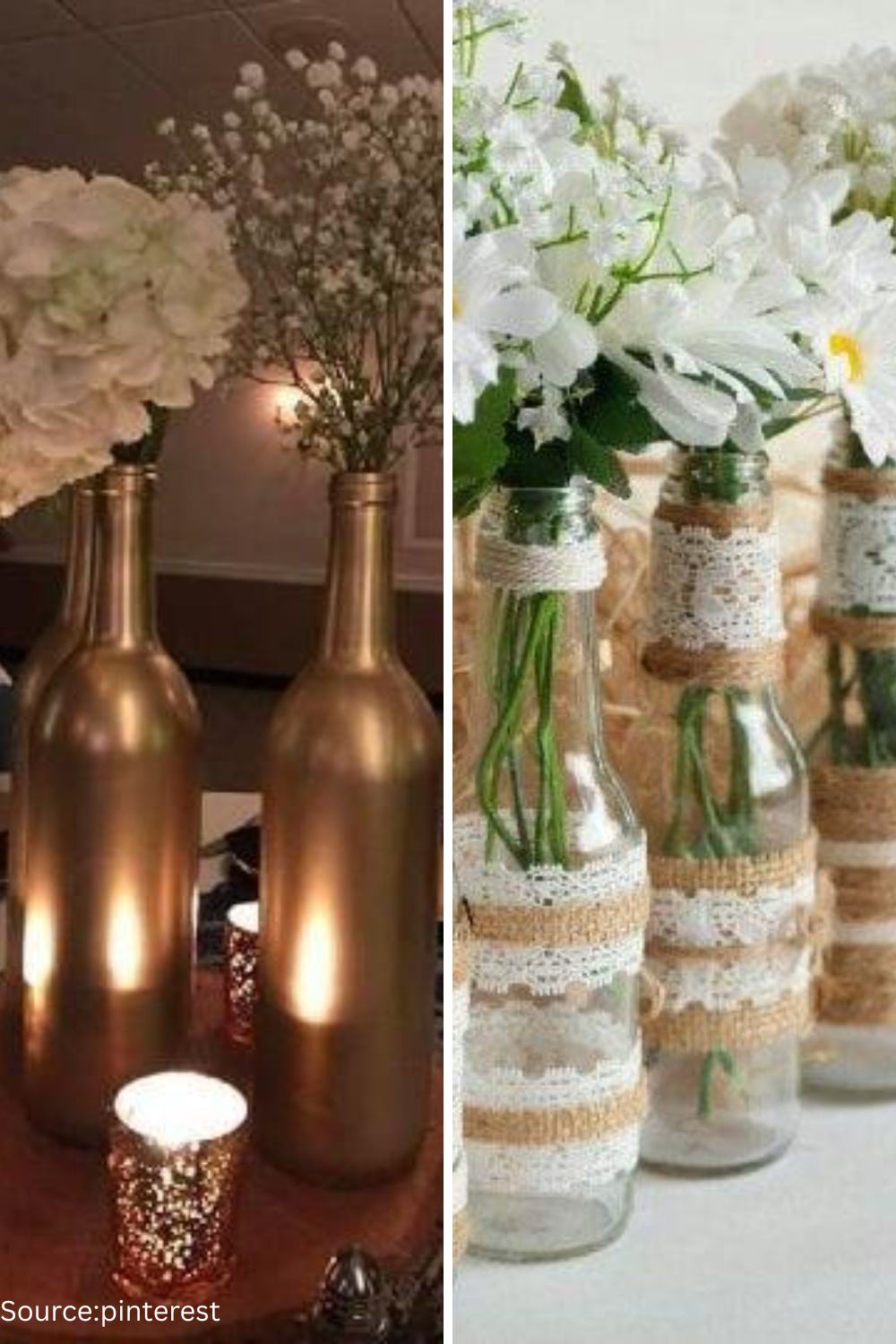 DIY wedding centerpiece using thrifted and spray-painted vases for an elegant budget-friendly look.