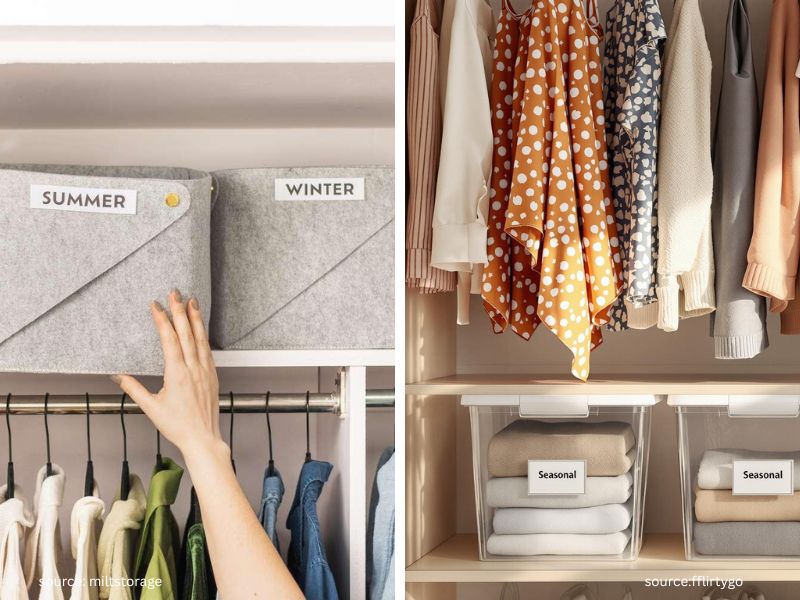 Seasonal clothes stored in vacuum bags and under-bed storage containers to free up closet space essential Closet organization hacks