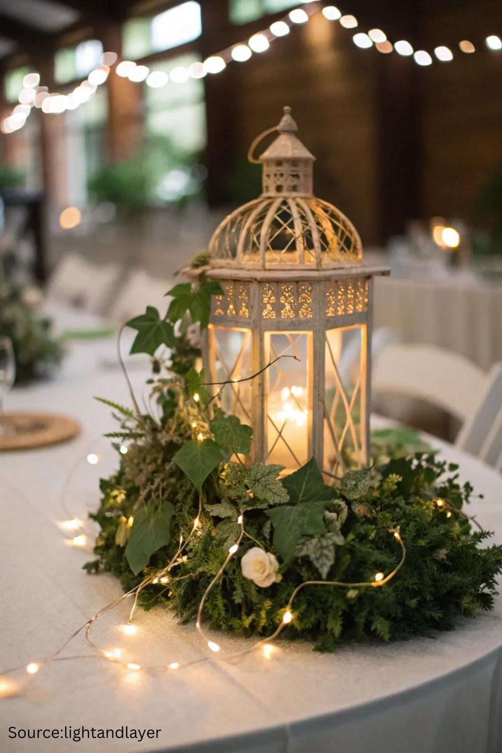 String Lights and Lanterns wedding centerpiece