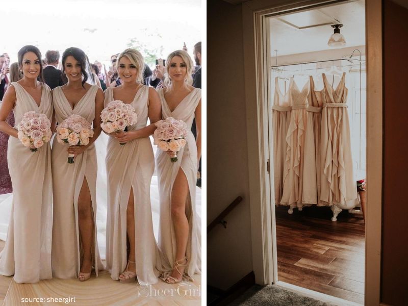Bridesmaids styled in taupe and beige dresses for a minimalist wedding aesthetic.