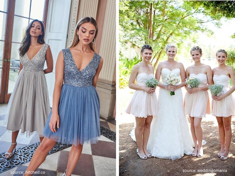 Bridal party in tea-length dresses with a vintage-inspired wedding style and Bridesmaid Color and Dress Ideas.