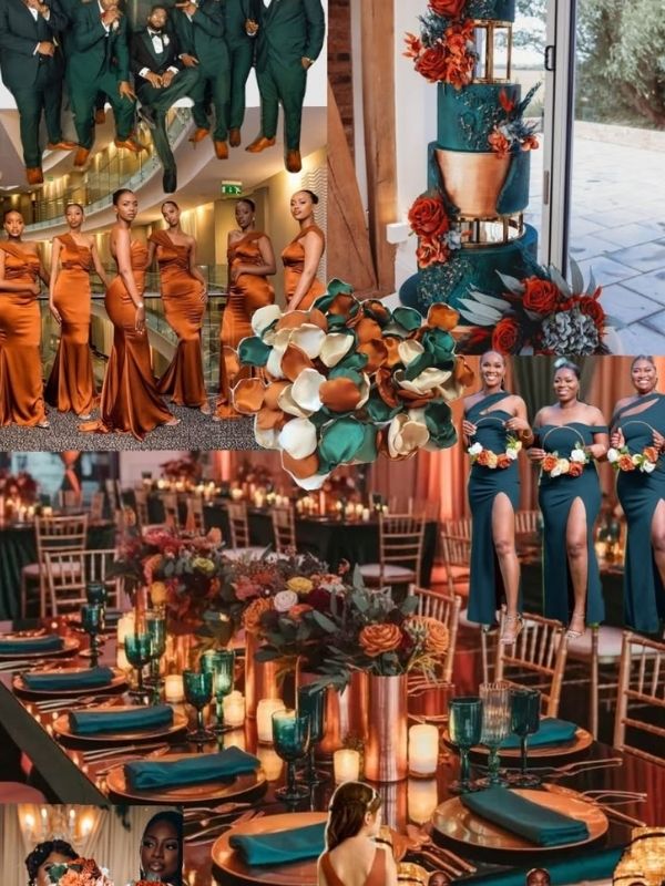 Teal and copper wedding mood board featuring bold jewel tones, metallic accents, modern wedding decor, and stylish reception inspiration.