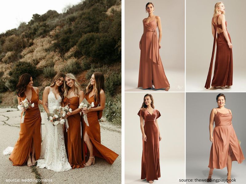 Bridal party in terracotta bridesmaid dresses with a rustic boho wedding theme.