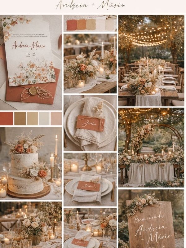 Terracotta and beige wedding color palette mood board with boho wedding decor, dried florals, warm earthy tones, and rustic wedding inspiration.