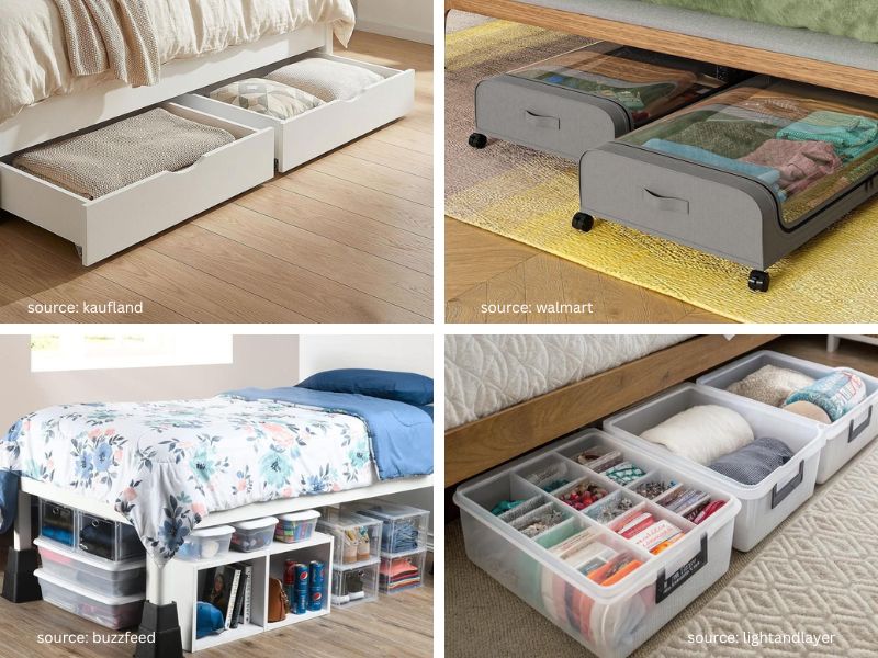 Under-bed storage drawers and bins maximizing hidden bedroom storage space.