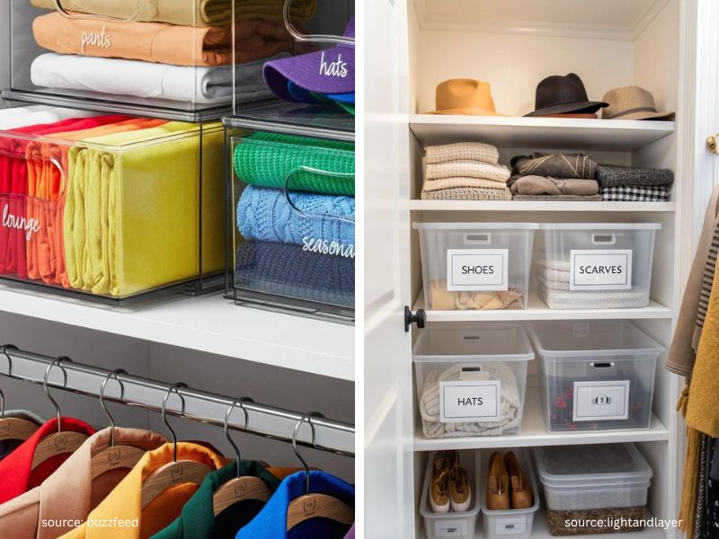 Clear labeled storage bins neatly stacked on closet shelves for organizing seasonal clothing and accessories.