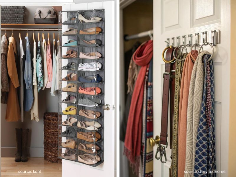 Over-the-door closet organizer holding shoes, scarves, handbags, and accessories to maximize storage.
