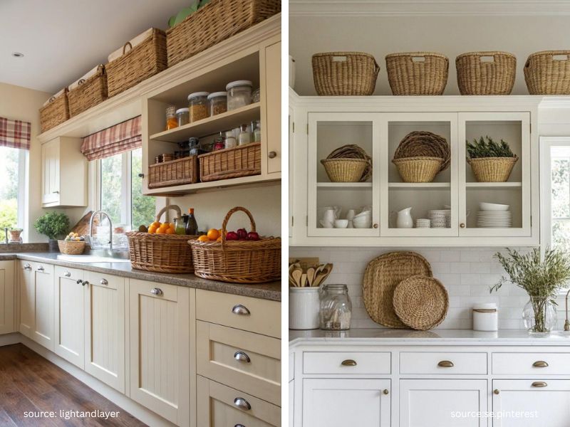 Decorative baskets above kitchen cabinets showcasing small apartment storage hacks for seasonal storage.