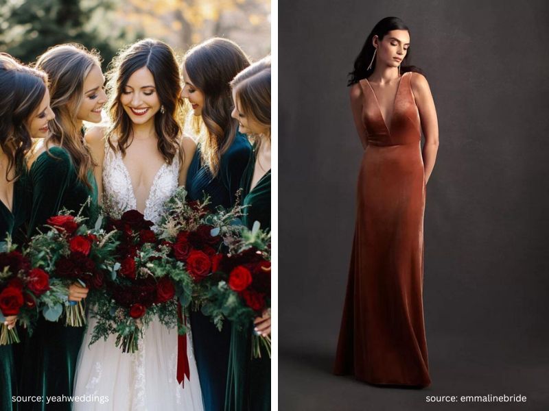 Bridal party in luxurious velvet dresses at an elegant winter wedding.