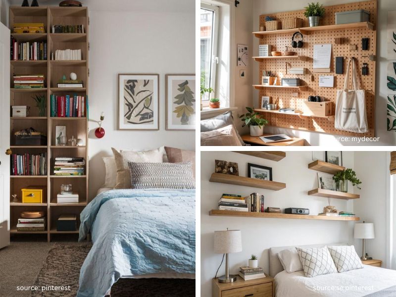 Bedroom utilizing vertical storage with floating shelves, pegboard organization, and corner shelving.