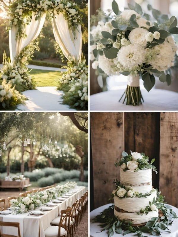 White and greenery wedding mood board featuring minimalist wedding decor, lush greenery, elegant tablescapes, and timeless wedding inspiration.