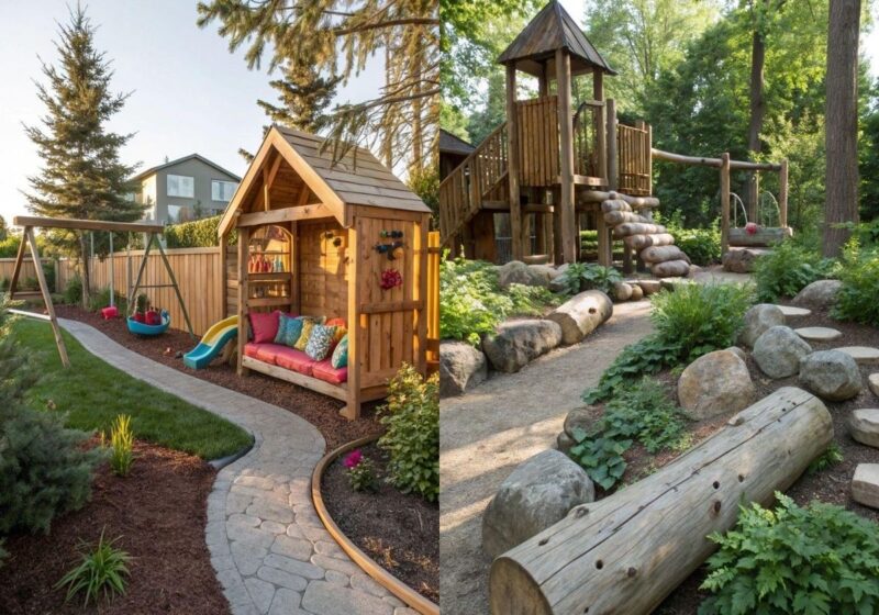 Beautiful Backyard Play Areas featuring a wooden playhouse, swings, and a natural play space for children.