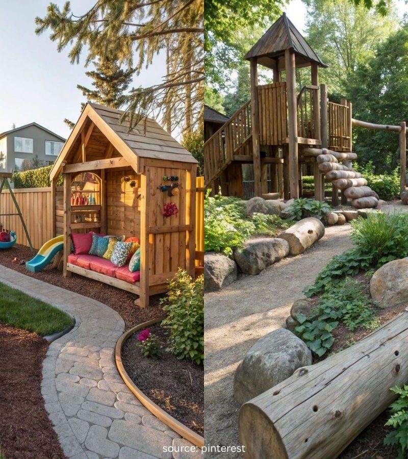 Beautiful Backyard Play Areas featuring a wooden playhouse, swings, and a natural play space for children.