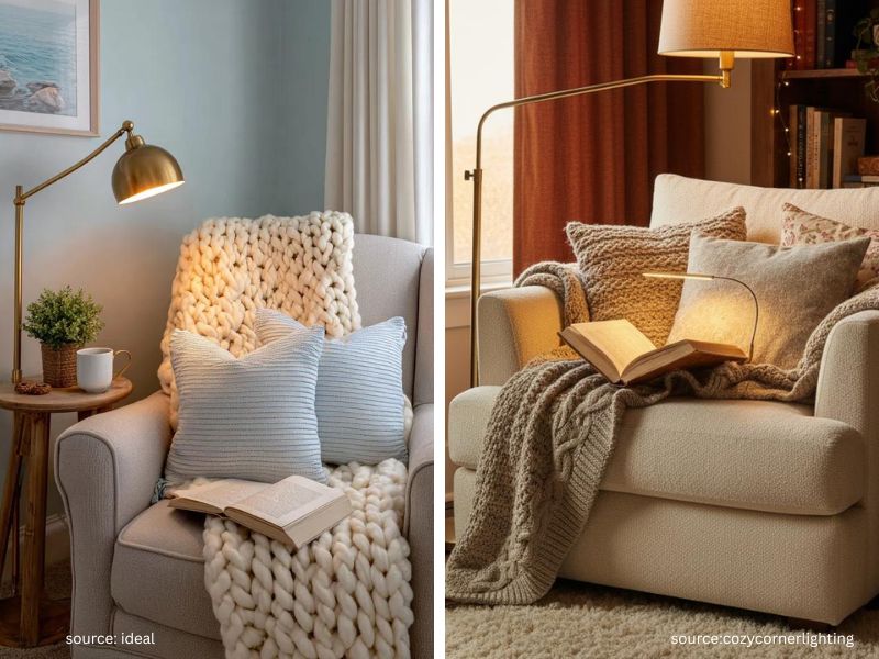 Comfortable reading chair with a chunky knit throw, pillows, books, and a side table creating a cozy reading nook 