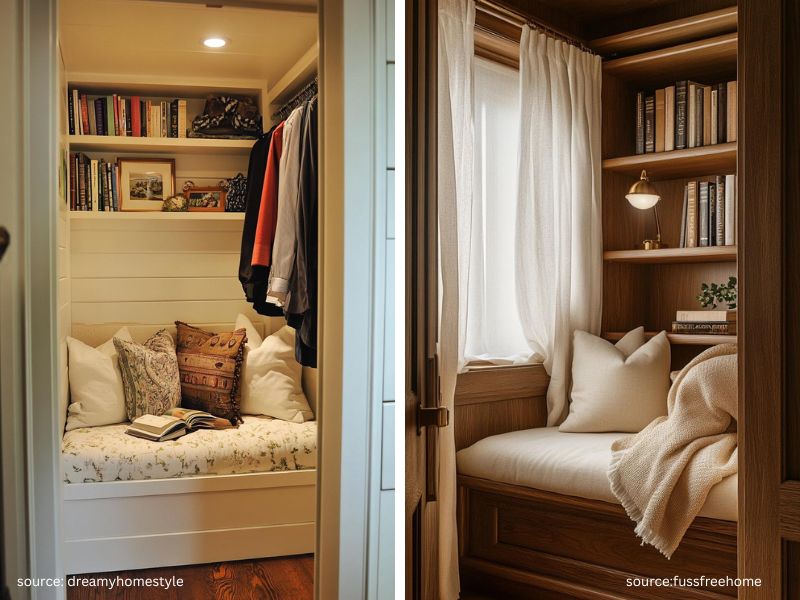 Small closet converted into a cozy reading nook with floor cushions, bookshelves, and warm lighting