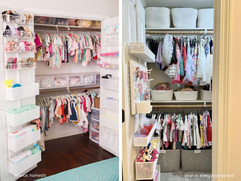 Children's closet with low clothing rod, baskets, and neatly arranged outfits.