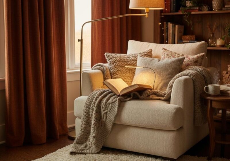 Cozy reading nook ideas with a comfortable armchair, soft blanket, books, and warm lighting