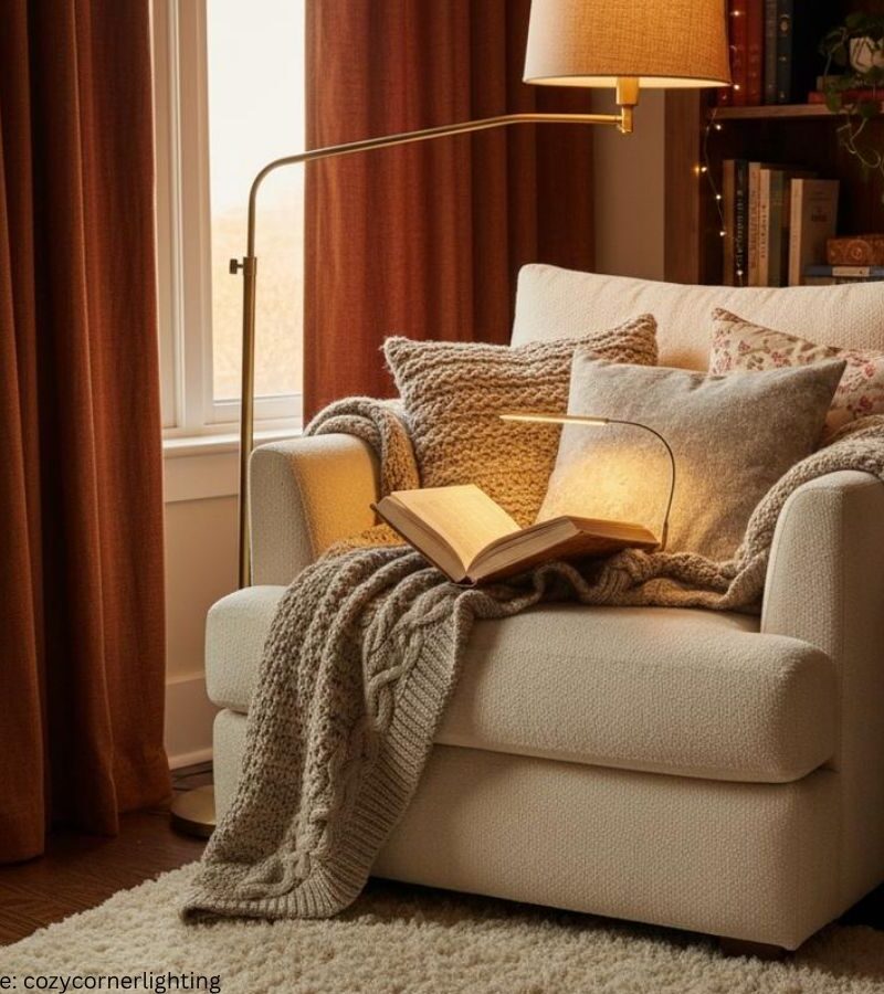 Cozy reading nook ideas with a comfortable armchair, soft blanket, books, and warm lighting