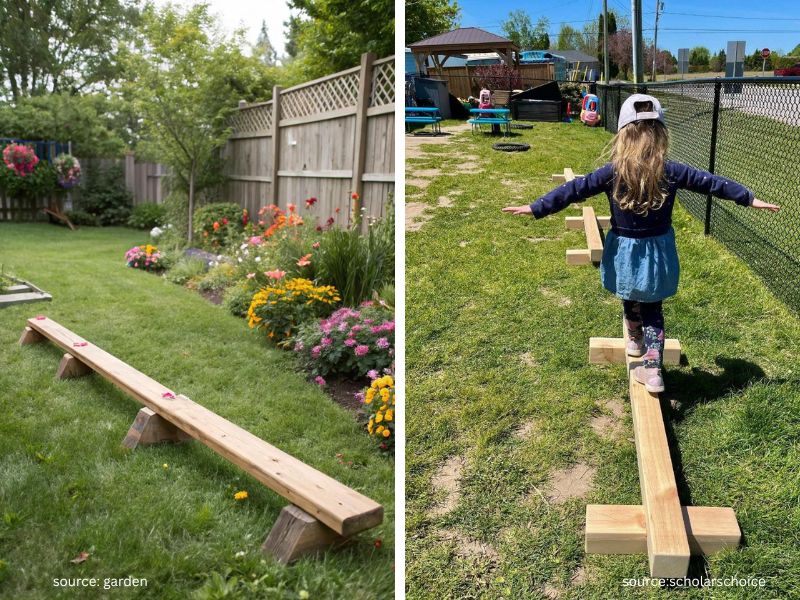 Wooden balance beam for Backyard Play Areas made from scrap timber.